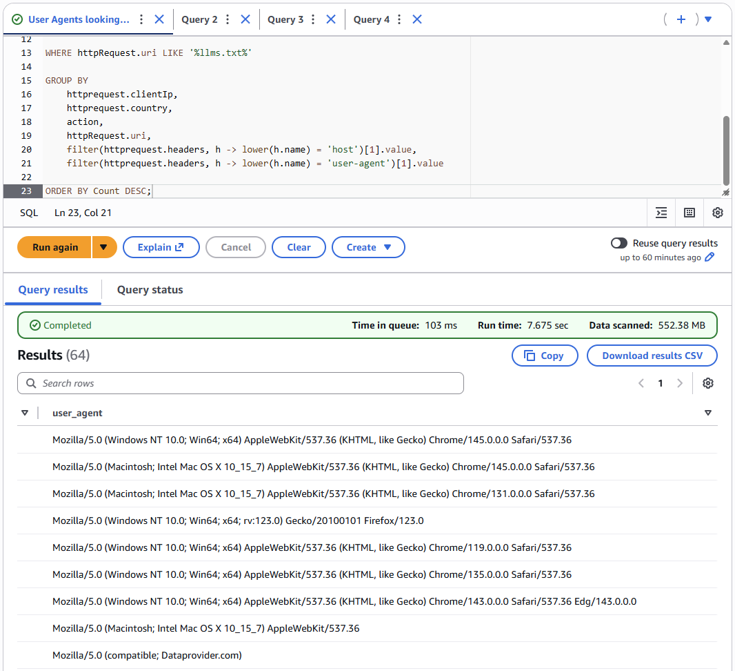 User Agent Llms Waf Log Query Results